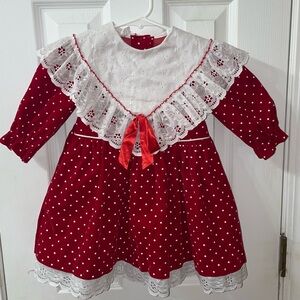 Vtg 80s Buster Brown Girls Red Velvet Polka Dot Dress 4T Christmas Lace USA FLAW